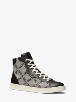 Michael Kors KEATING EMPIRE LOGO JACQUARD AND LEATHER HIGH-TOP SNEAKERS