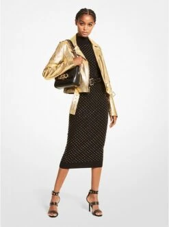 Michael Kors METALLIC CRACKLE LEATHER MOTO JACKET
